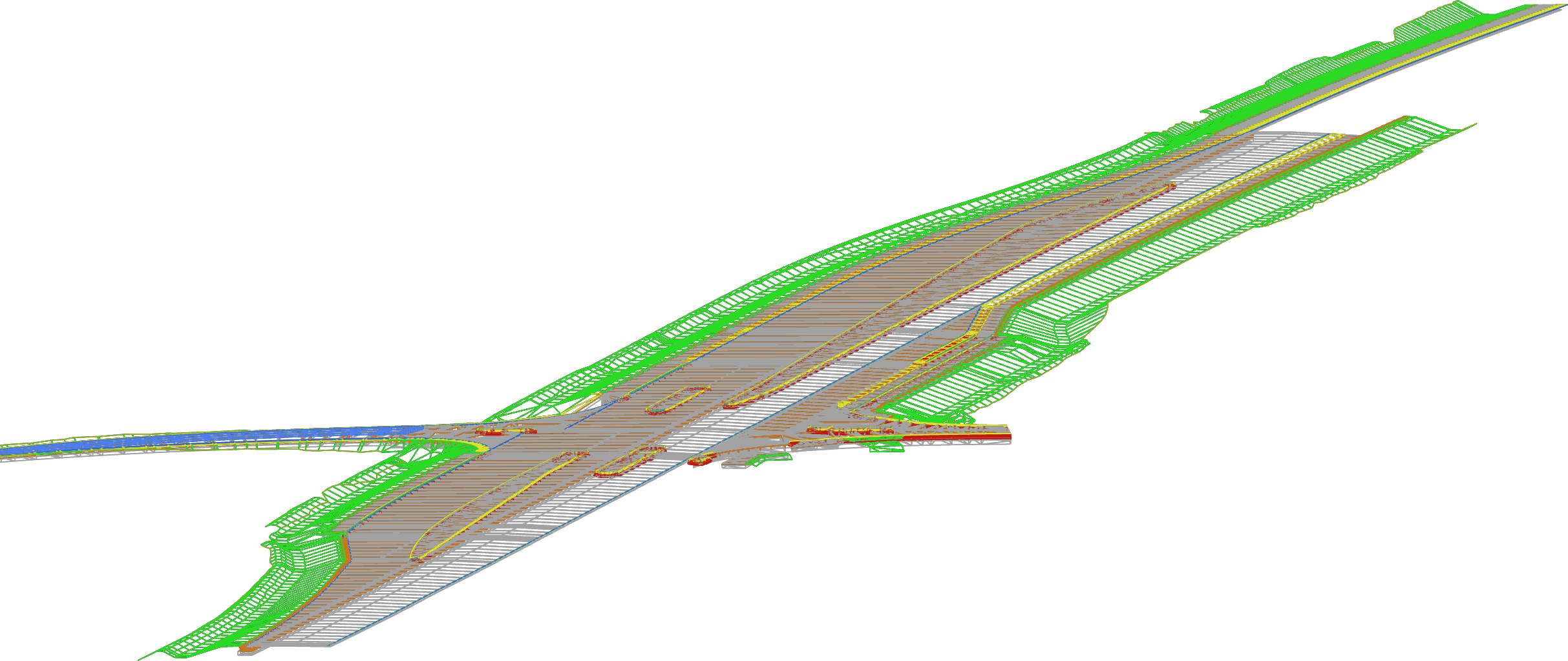 3D-vejmodel med vejbaner og linjer langs det omgivende terræn.