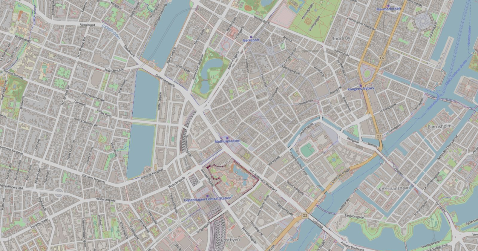 Detaljeret baggrundskort omkring Rådhuspladsen i København.
